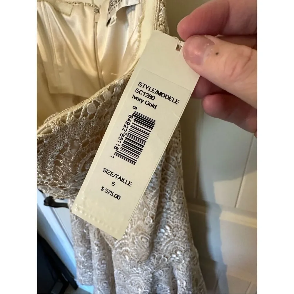 NWT Y2K Badgley Mishcka Strapless Lace Ivory Gold Midi Dress Women Size 6 SC1280